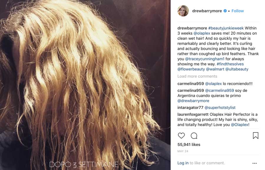 Drew Barrymore capelli dopo Olaplex instagram